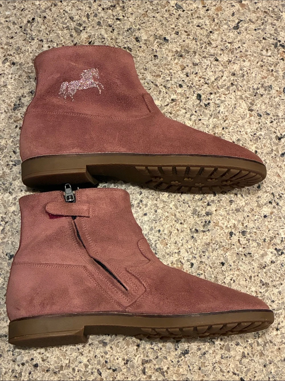 Pom D'Api Suede Ankle Boots in Dusty Rose with Glitter Horse Accent